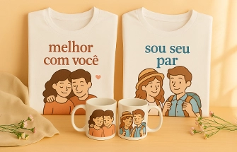 Imagem de um kit de presentes com caneca, ecobag, fotografias e um cartão couchê