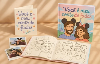Imagem de um kit de presentes com caneca, cartão couchê, camiseta e um fotolivro